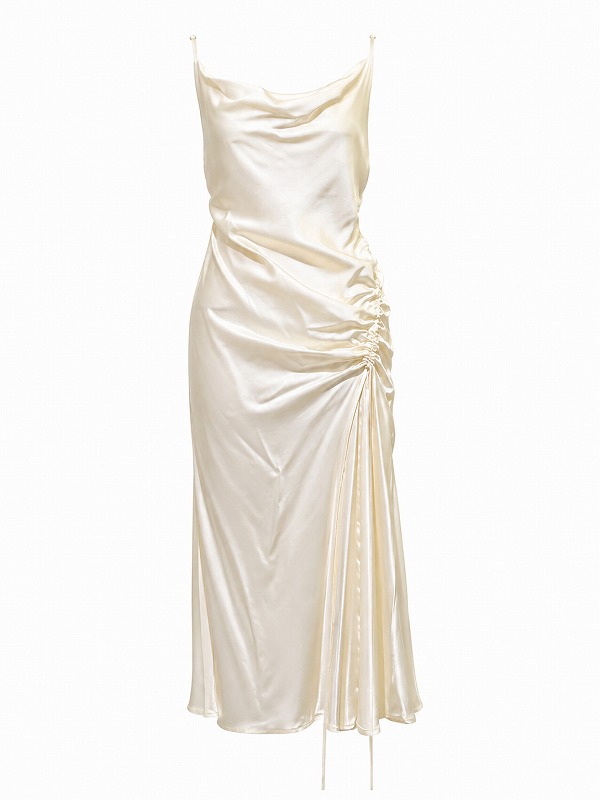 【新品DRESS 1879】ドレープサテンミモレ丈タイトミディアムドレス ホワイト【ViCoLo】
